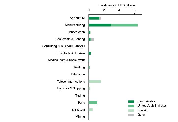 Value (USD billions) of Gulf investments in the Horn of Africa by sector and investor