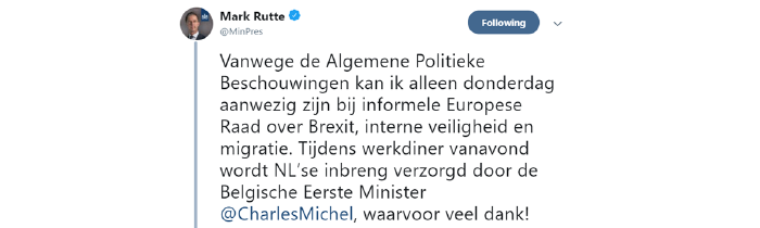 Tweet by Dutch Prime Minister Rutte  