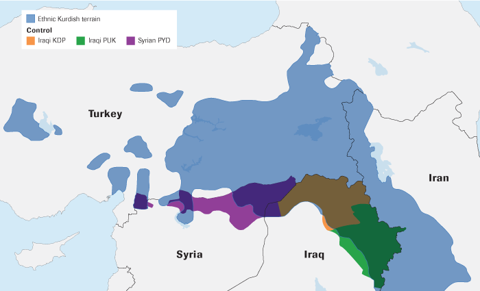 Overview of Kurdish ethnic presence and/or political control in Syria, Iraq and Turkey  