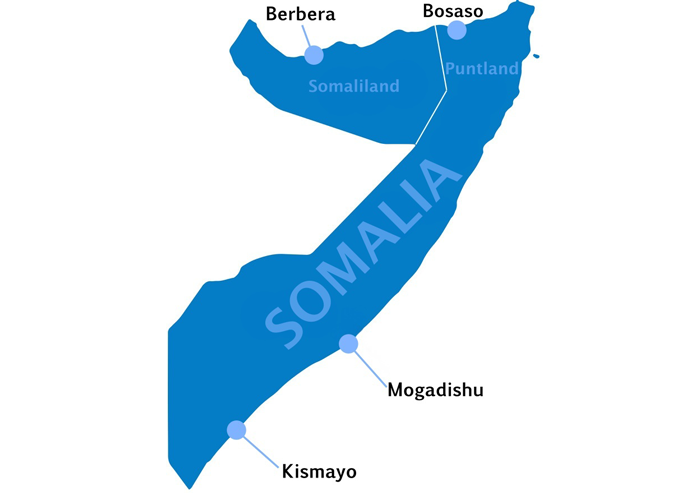 Map of Somalia and major port cities