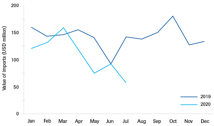 Reported imports into the Somali territories, 2019-2020