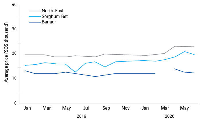 Price of rice (imported) in selected Somali regions