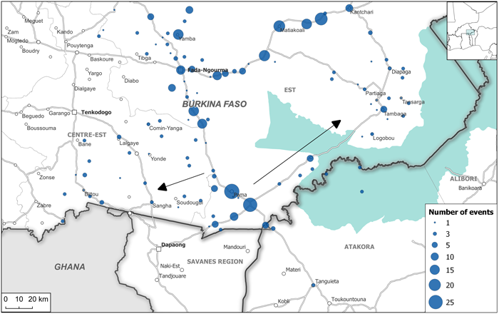 JNIM activity in Atacora, Centre-Est, Est, and Savanes region (October 2021 – May 2022)