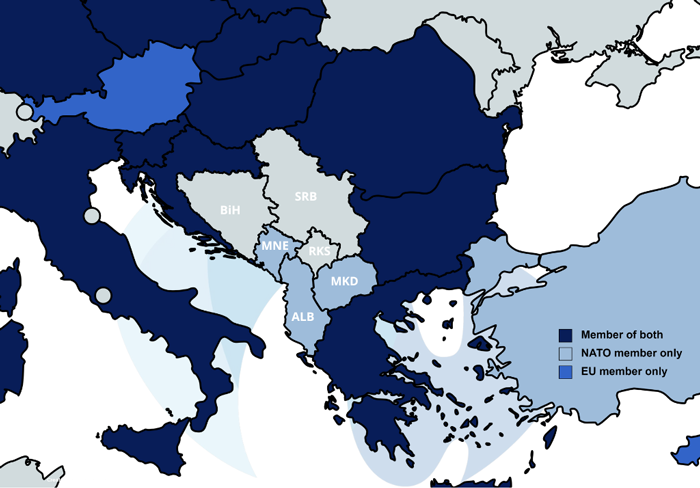 Map of EU and/or NATO members in south-east Europe