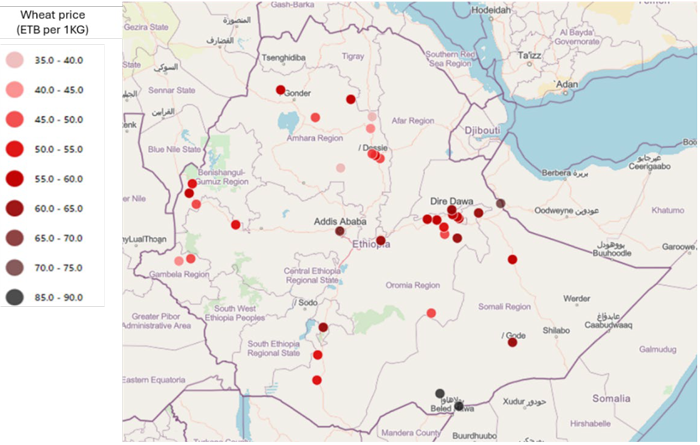 Wheat prices in Ethiopia, with relatively high prices visible in several border areas