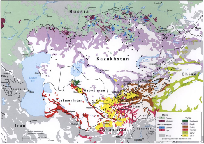 A map of the borders and major ethnic groups in Central Asia in 1993 after gaining independence from the Soviet Union, indicative of the ethnic diversity of the region