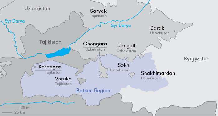 Map of the enclaves in the Fergana Valley, including the former Kyrgyz exclave of Barak in Uzbekistan