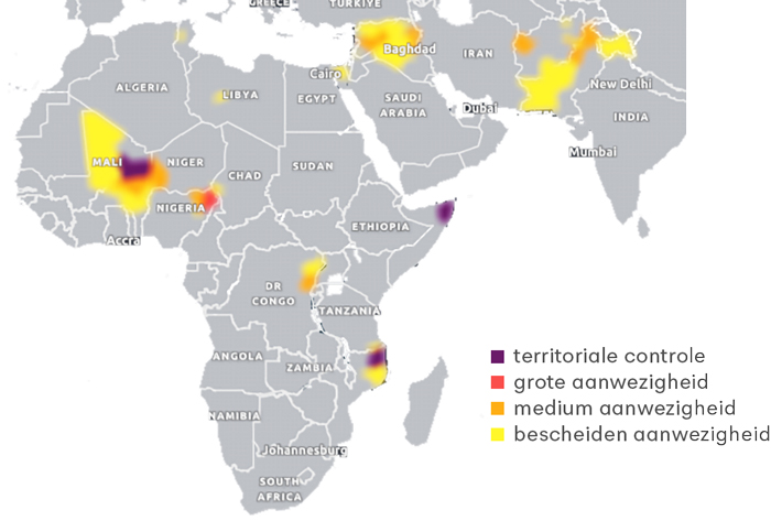 Territoriale controle ISIS (november 2024). Op verschillende plekken in de wereld kent ISIS nog altijd een (stevige) machtspositie (Bron: , 2024). 