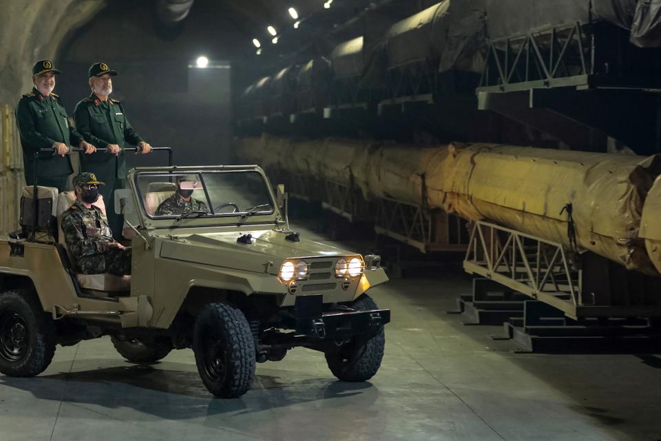 Commander-in-chief of the Islamic Revolutionary Guard Corps, Major General Hossein Salami and commander of the IRGC Aerospace Force, Amir Ali Hajizadeh, visit an underground of the new "missile city" at an undisclosed location in Iran
