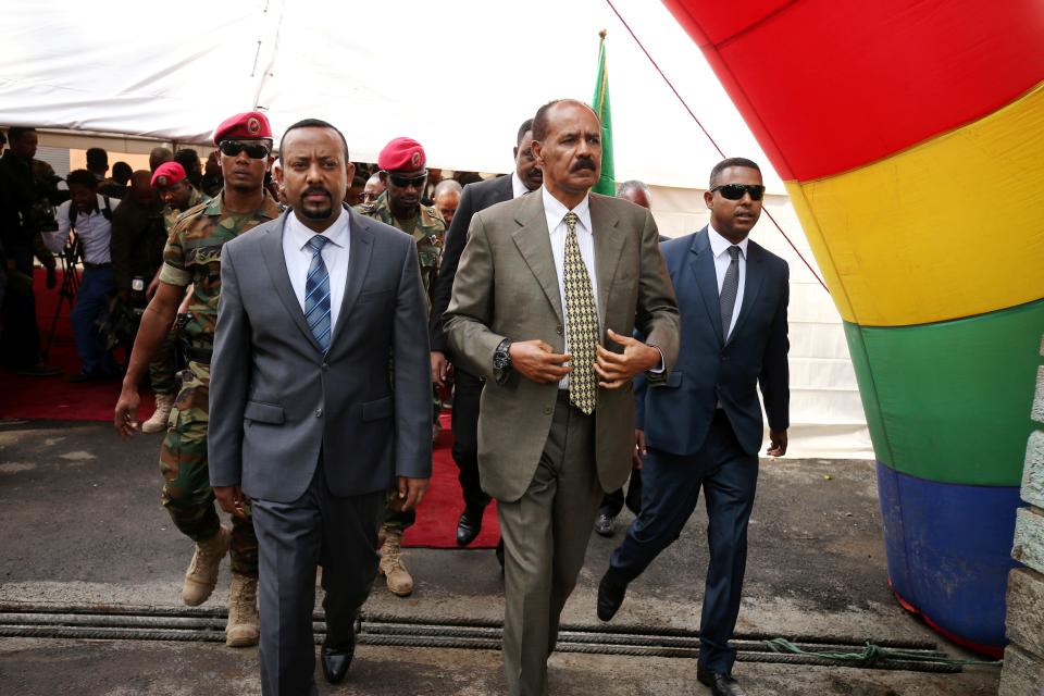 Isaias Afwerki and Abiy Ahmed arrive at Eritrean embassy ceremon